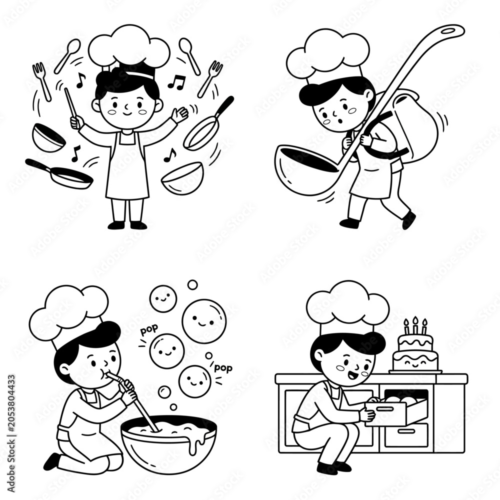 Fototapeta premium Set of 4 Cute Little Boy Chef Illustrations Vector Line Art for Coloring Book