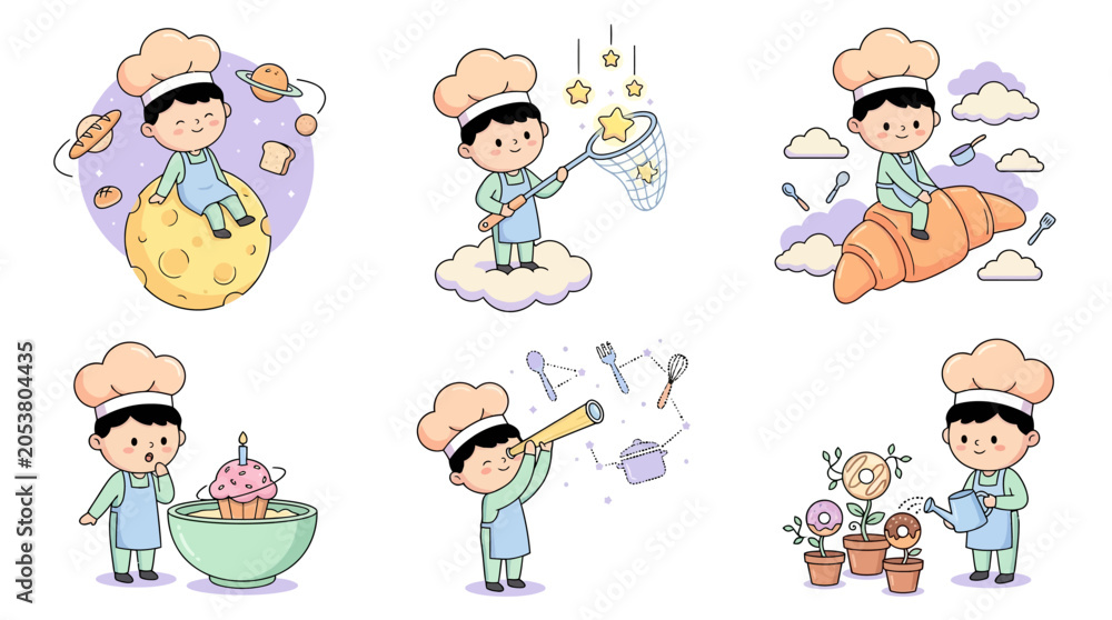 Fototapeta premium Set of Cute Cartoon Chef Boy Illustrations with Food and Space Themes, Kawaii Baker Character Clipart