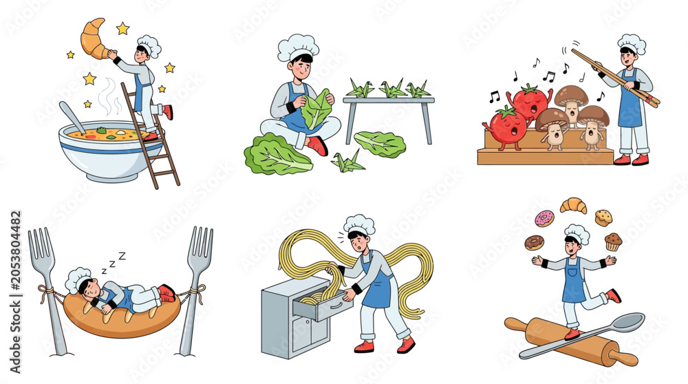 Obraz premium Whimsical Chef Illustrations Set - Creative and Surreal Food Concepts Collection