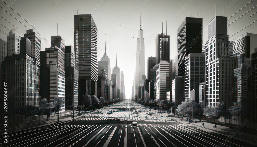 Fototapeta premium Panoramic View of a Futuristic Cityscape with Tall Skyscrapers and a Central Avenue.