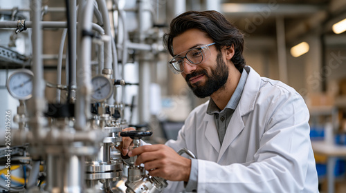 Research scientist in lab coat adjusting valve on pressurized carbon capture pilot unit, industrial tubing and gauges surrounding workstation, carbon sequestration research,
