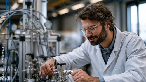 Research scientist in lab coat adjusting valve on pressurized carbon capture pilot unit, industrial tubing and gauges surrounding workstation, carbon sequestration research,