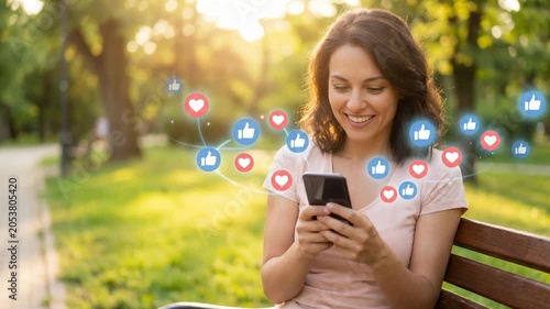 Smiling Woman Using Smartphone Outdoors With Social Media Icons Floating Around Her