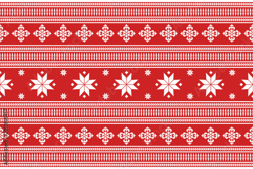 Seamless Red Nordic Christmas Pattern with Snowflakes and Scandinavian Ornament