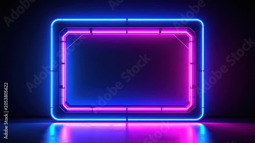 Rectangular glowing blue neon frame with pink interior accents on a dark reflective surface