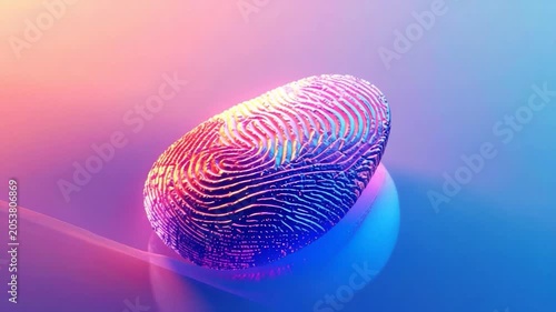 Macro fingerprint with iridescent metallic texture glowing with neon pink and blue light on a gradient background