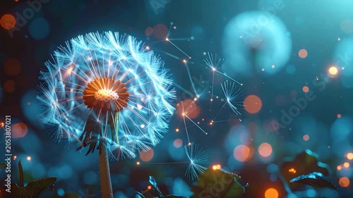 Macro view of a luminous dandelion seed head with glowing particles against a dark bokeh background