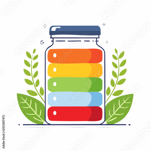 Jar with colorful energy levels and green leaves