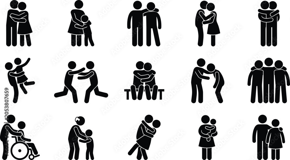 Naklejka premium Couple and Relationship Stick Figure Icon Set Featuring Love Affection Support Friendship Togetherness and Human Connection