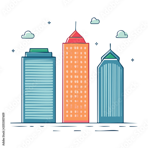 Three colorful skyscrapers in flat design