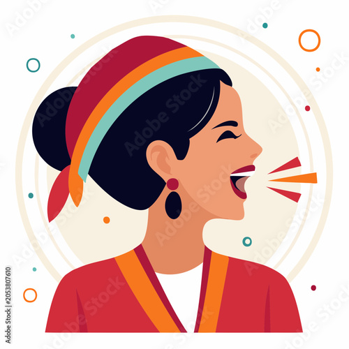 Woman Speaking Loudly with Colorful Headband and Earrings