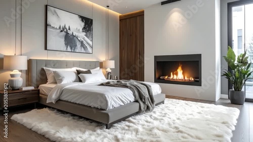 Modern bedroom with fireplace and large plush rug warm ambient lighting minimalist decor