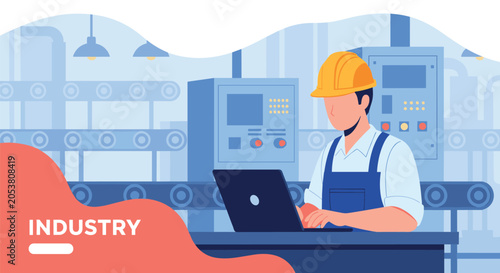 Industrial worker wearing a yellow hard hat and blue overalls using a laptop to monitor automated production lines in a factory.