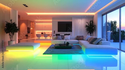 Modern luxury living room with colorful LED mood lighting contemporary sectional sofa and expansive windows
