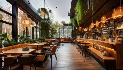 Modern Restaurant Interior with Lush Greenery and Warm Lighting.