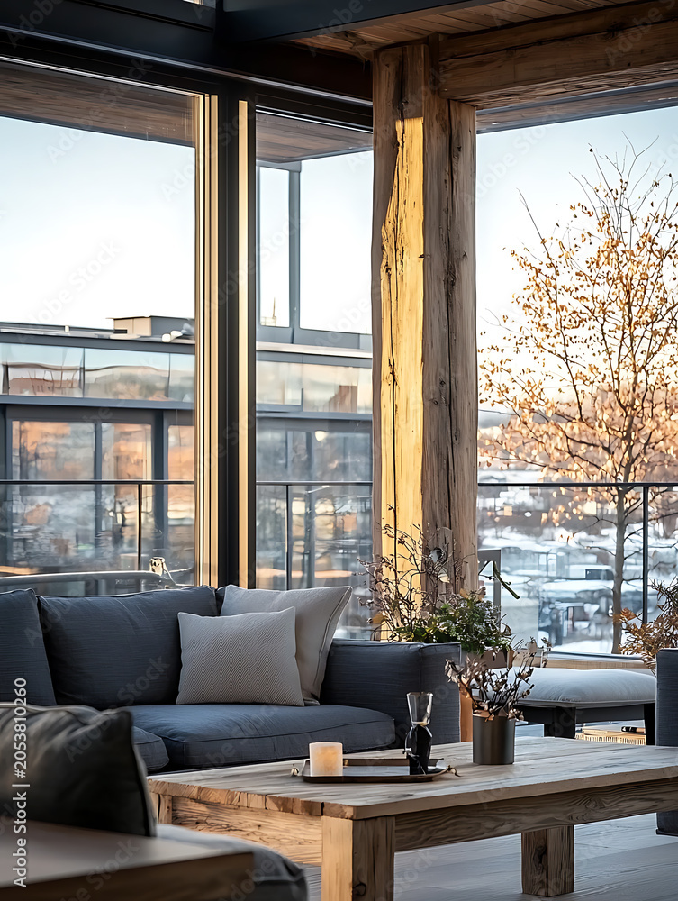 Fototapeta premium Modern Living Space with Panoramic View Contemporary Interior Design Cozy Environment Inviting Atmosphere