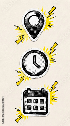 Pop Art Halftone Location Time and Calendar Icon Set, Scheduling Appointment and Event Planning Concepts, Torn Paper Collage Elements, Retro Magazine Style Graphics, Vertical bg