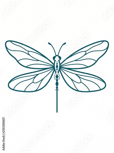 Minimal Dragonfly T Shirt Print With Elegant Teal Outline Wings And Symmetrical Insect Line Art