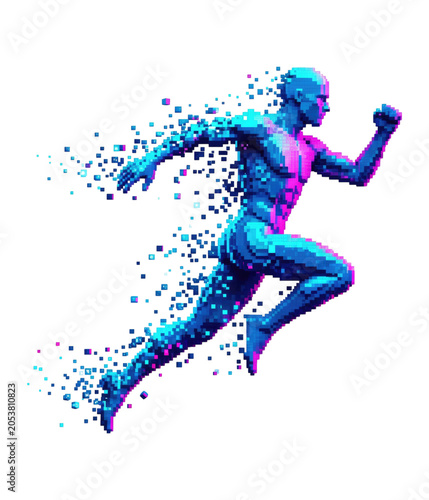 Neon cyan and magenta pixelated male runner mid-sprint, dissolving into scattered voxels conveying speed and digital motion