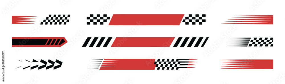 Obraz premium Racing Stripe Graphics Featuring Checkered Flags, Finish Line Elements, and Competitive Motorsport Icons