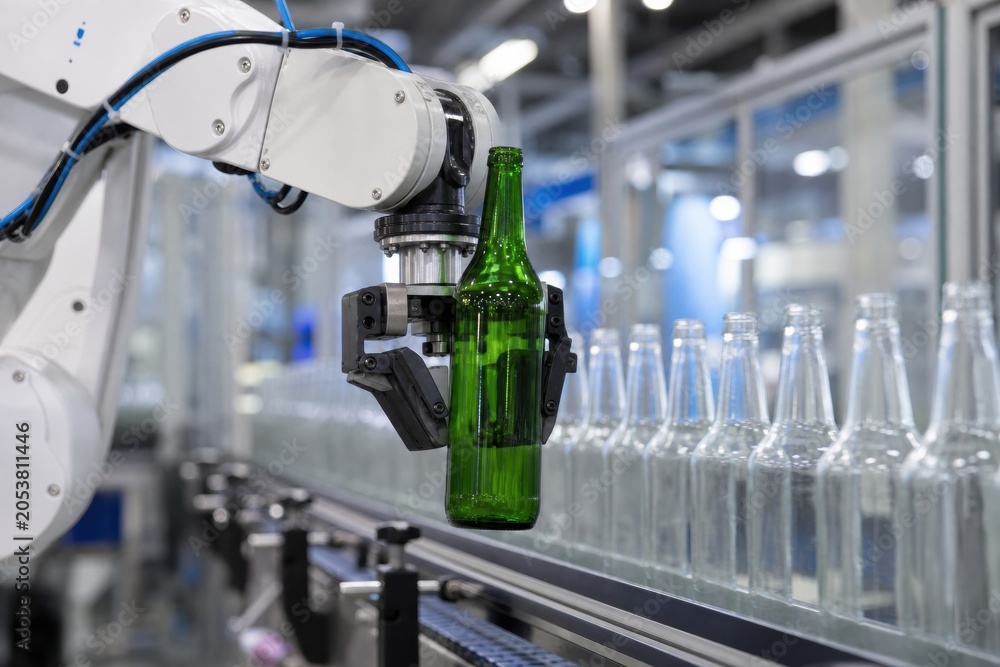 Naklejka premium Robotic arm gripper holding green glass bottle in a modern automated beverage production facility with conveyor belt and clear bottles for industrial manufacturing process
