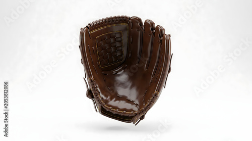 Close-up of a brown leather baseball glove in a 3D rendered studio setting, showcasing intricate stitching and a worn, classic appearance