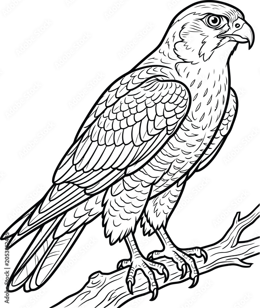 Fototapeta premium A black and white illustration of a hawk perched on a tree branch