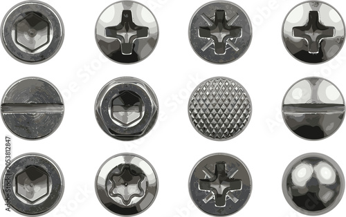 Photos Metallic screw heads and bolt tops collection featuring phillips slotted torx he