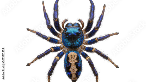 Photography Metallic blue spider with yellow bands on legs
