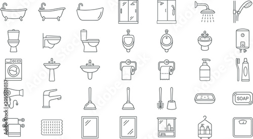 Foto Bathroom and restroom linear icons set featuring bathtub toilet shower sink fauc