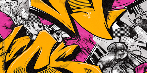 Colorful graffiti artwork featuring bold yellow lettering and vibrant pink accents with abstract shapes and comic-style illustrations in a dynamic urban setting