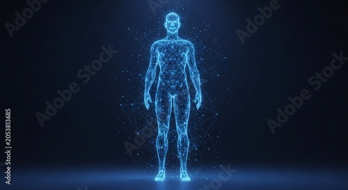 Futuristic Human Body Digital Visualization Showing Data Points and Network Structure for Medical Technology and Innovation Concepts