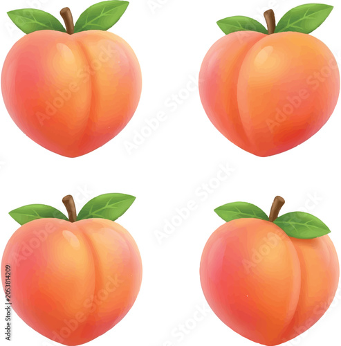Peach fruit icon set. 3D peach emoji collection. Juicy peaches with green leaves. Healthy fruit illustration. Pink and orange peach icons. Isolated peach on white background. Minimalist fruit design. 