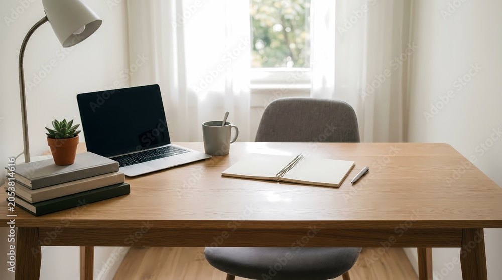 Fototapeta premium A clean and organized home office desk with a laptop, notebook, lamp, and chair, bathed in natural light from a window
