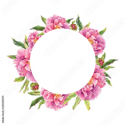 Pink peony flowers, buds and leaves hand drawn watercolor square frame. Garden rose spring floral template. Botanical wreath of pions and greenery for invites, wedding and Mother's day cards