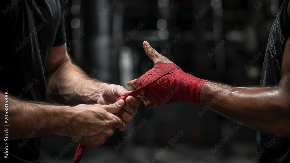 Naklejka premium Two pairs of hands are shown in close-up as one person helps another prepare for combat sports by applying a protective red wrap in a high-contrast lighting setting