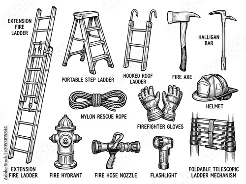 Fire rescue equipment set including extension ladder, axe, helmet and hydrant, hand drawn black ink sketch isolated on white background