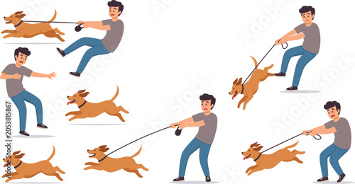 Vászonkép Man Struggling to Walk Strong Pulling Dog Character Set with Different Poses of