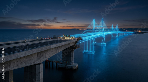 Concrete bridge extending into a glowing blue wireframe over a sea, representing digital twin technology and future infrastructure planning.