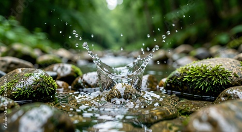 Pure Crystal Clear Water Splash Emerging from Mossy Stones