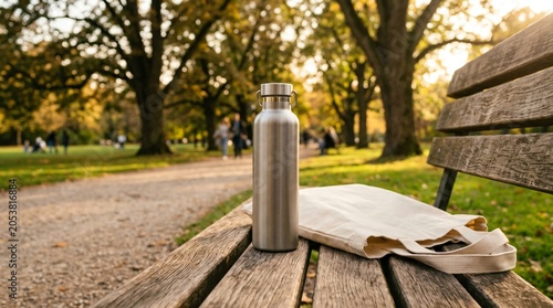 Unbranded Matte Reusable Water Bottle on Wooden Bench Eco Lifestyle