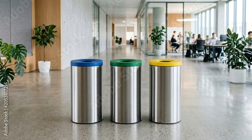 Color-Coded Recycling Bins in Modern Corporate Office