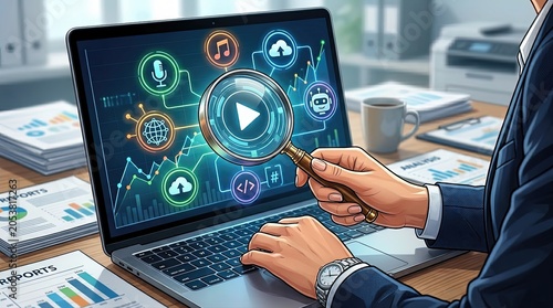 Analyzing data trends and insights office workspace digital illustration modern environment close-up view business analytics and technology concepts