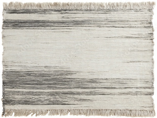 Textured rug with horizontal grey streaks and fringe at the top and bottom edges