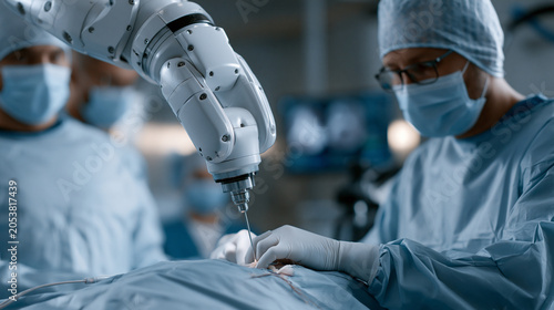 Soft silicone robotic arm gently manipulating tissue during a minimally invasive abdominal procedure in a sterile operating theater, surgical team monitoring endoscopic feed,