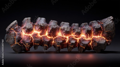 foremost. A sculptural representation of a human spine made of cracked stone with five points of intense pressure glowing warmly. wellbeing guides.