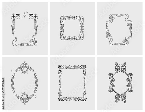 Hand drawn vector abstract outline,graphic,line vintage celebration ornament art nouveau frames set in drawing elegant style.Elegant decoration vintage outline design isolated. Floral ornament border