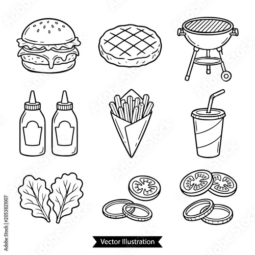 Hand Drawn Burger Grill Doodle Vector Set