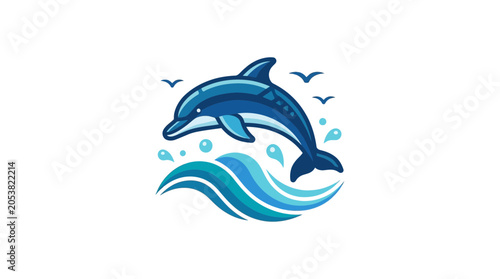 Dolphin jumping out of blue ocean waves with birds flying above.