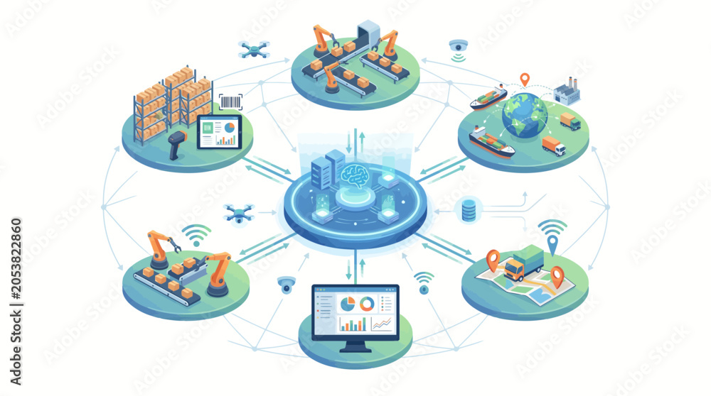 Naklejka premium SmartSupplyChainNetworkIntegrationTechnologyInfographic